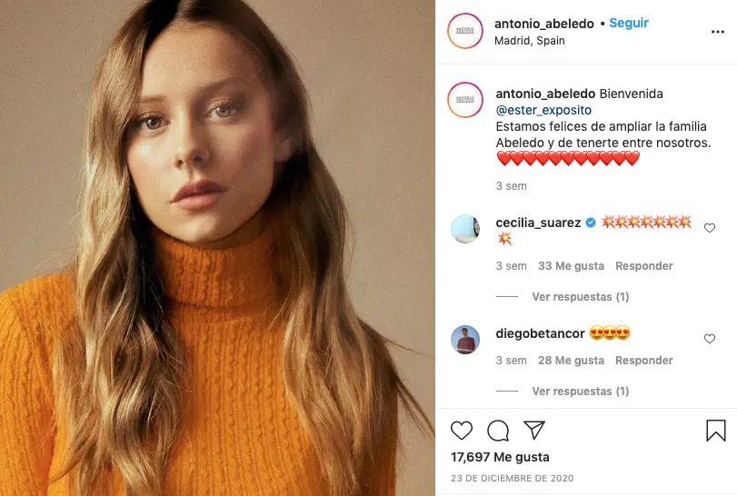 Post del instagram de Antonio Abeledo en el que se da a conocer la ruptura de Ester Expósito con su antigua agencia.