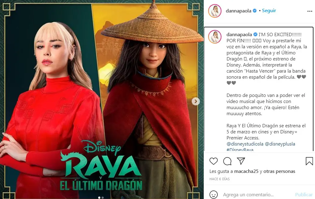 Danna Paola hará la voz de Raya en próximo estreno de Disney Raya y el Último Dragón
