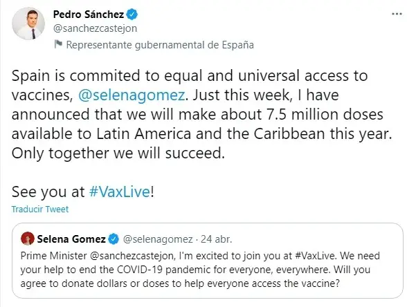 Selena Gómez escribe a Pedro Sánchez