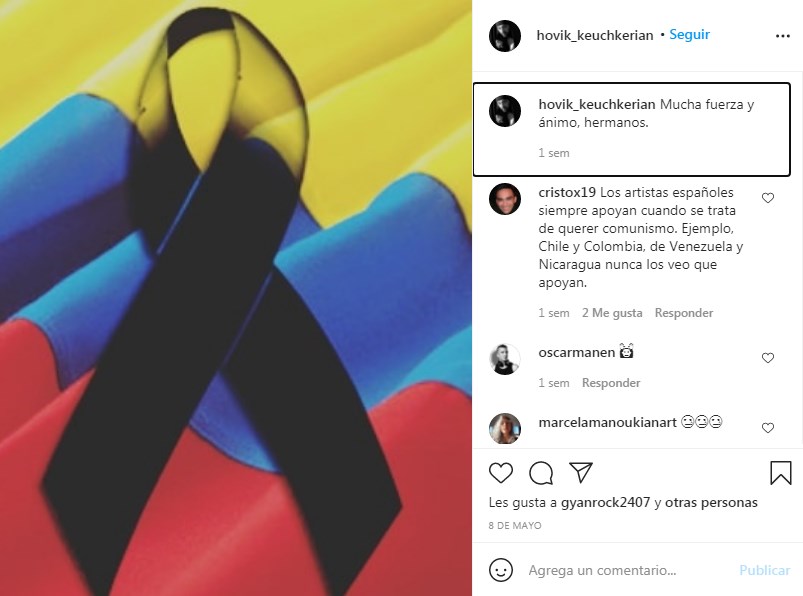 Hovik Keuchkerian apoya al pueblo colombiano y sus fans se lo agradecen