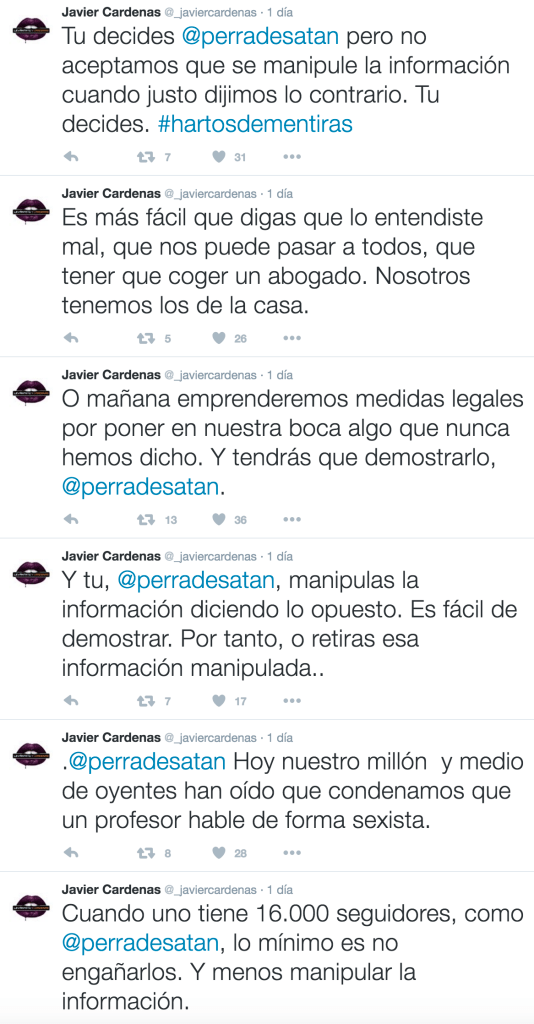 Captura de tuits de Cárdenas amenazando a una tuitera por hacerse eco de lo que dijo otra de su programa