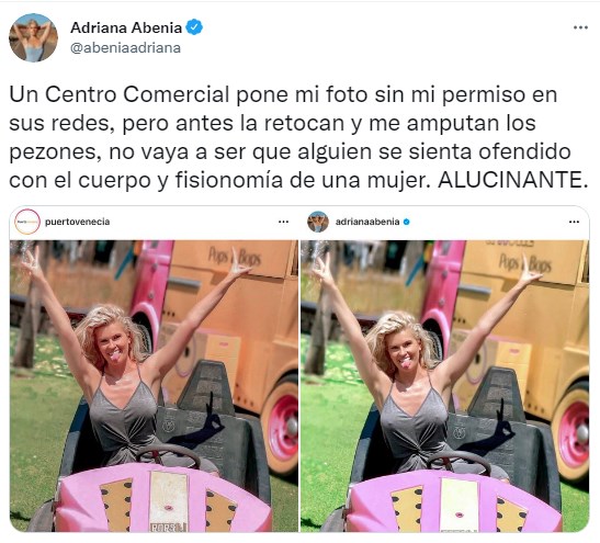Adriana Abenia reclama a Centro Comercial por usar su foto sin permiso y censurarla