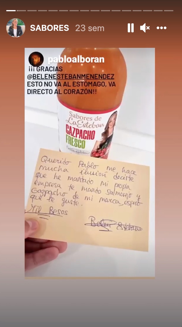 Story de Pablo Alborán mostrando el gazpacho de Belén Esteban