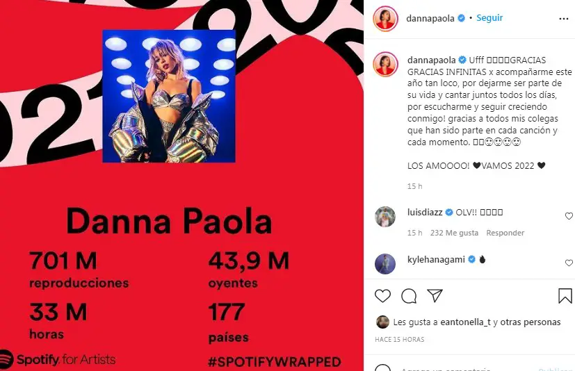 Danna Paola muestra sus números en Spotify Tiene seguidores en todo el planeta