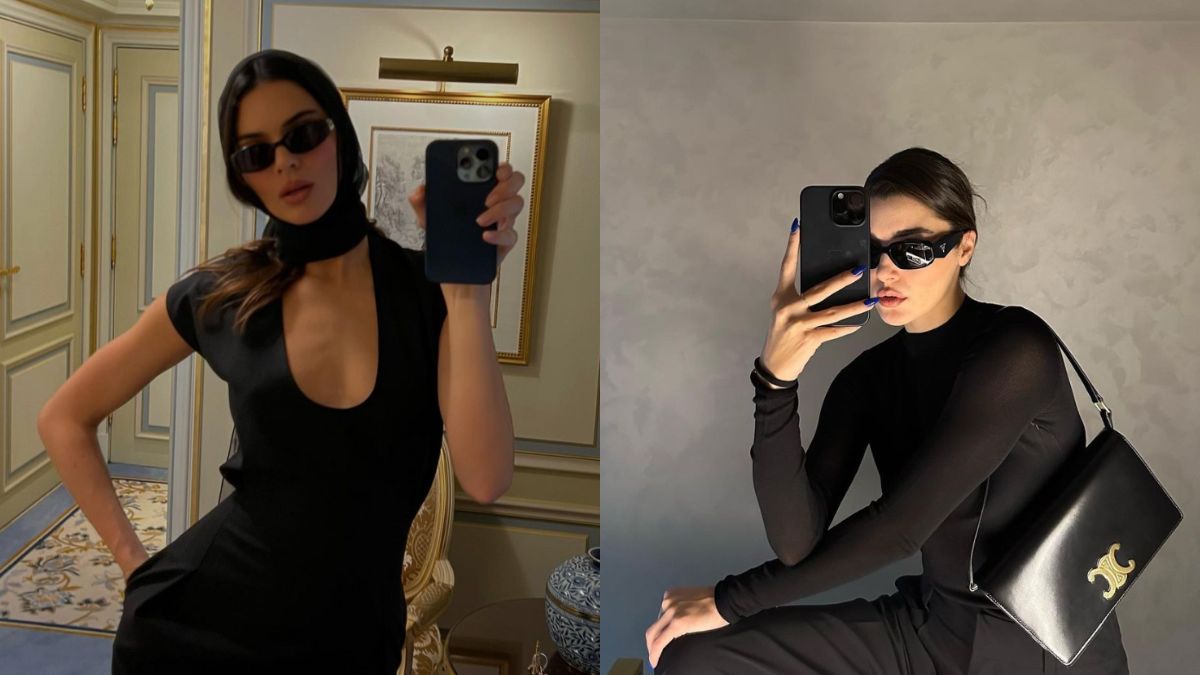 una de las sensuales fotos de hande erçel, a la derecha, comparada con una de kendall jenner, a la izquierda, donde están iguales: de negro, mismas gafas y estilo muy similar