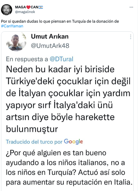 Tuit en el que una cuenta fan de Can Yaman linka a su vez un tuit de un fan turco que dice que por qué no ayuda a los niños turcos en lugar de a los italianos
