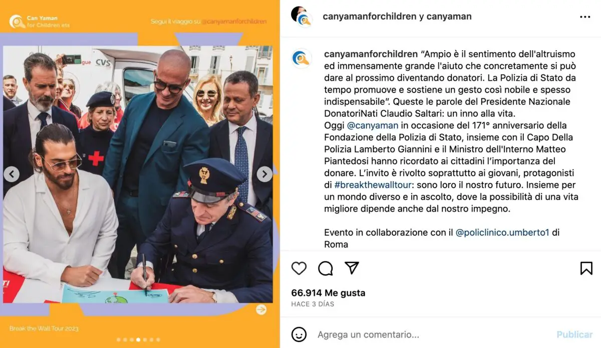 Captura de un post de Can Yaman en Instagram en el que agradece a las autoridades su evento en Roma