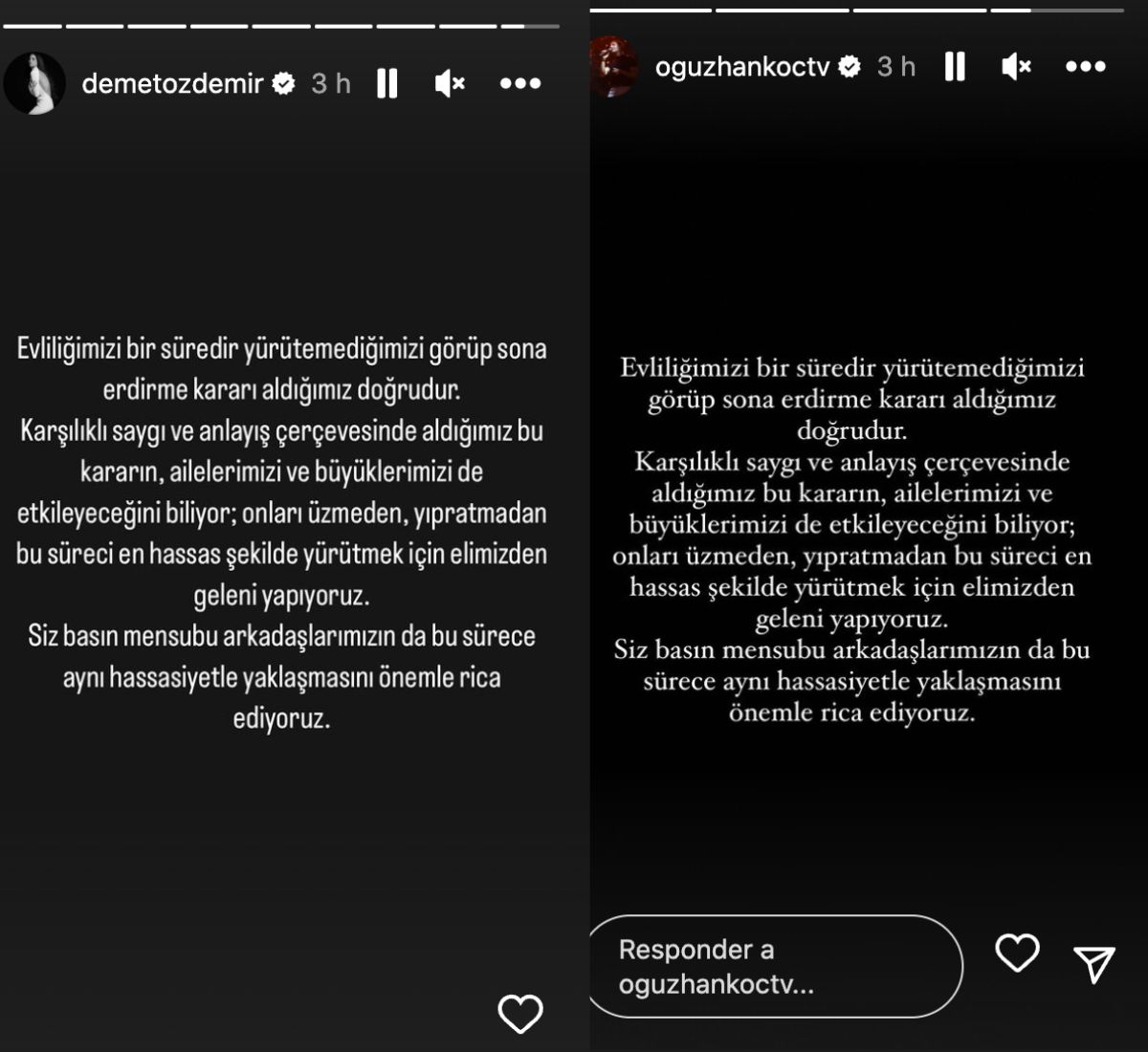 Comunicados oficiales de Demet Özdemir y Oguzhan Koc en sus respectivas cuentas de Instagram
